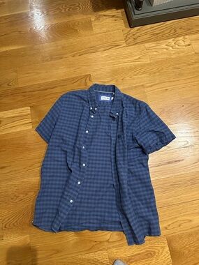 Lacoste Men's Short-Sleeve Button-Down Blue Plaid Shirt Slim Fit
